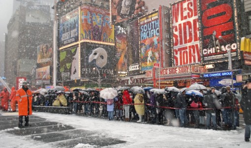 Ticket Line of Broadway in the Snow