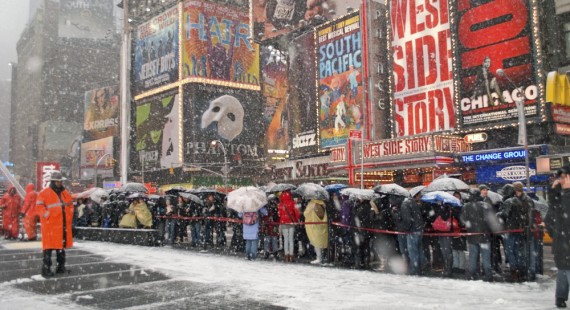 Ticket Line of Broadway in the Snow